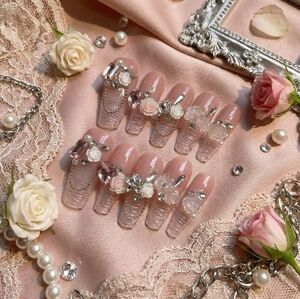Elegant Pink Press-On Coffin Nails with Heart & Floral Accents